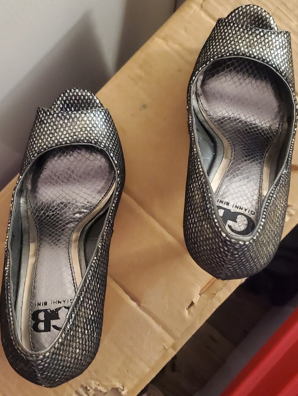 silver metallic stilettos